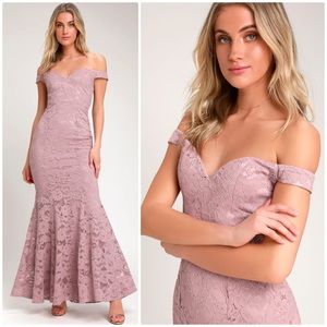 Lulu’s SWEPT UP LACE OFF-THE-SHOULDER MAXI DRESS